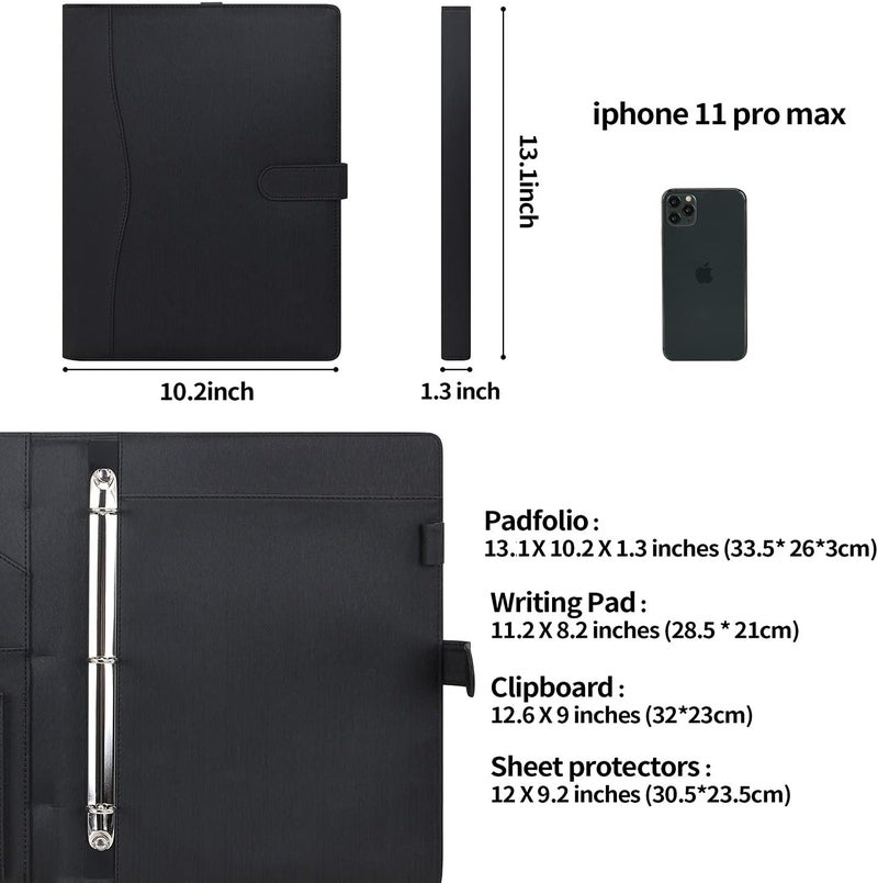 WONDERPOOL A4 PU Leather Portfolio Holder Ring File Document Case with Removable Binder Clipboard, Multi Pocket and Legal Pad for Business Organizer Interview and Meeting (Black) - Image 2